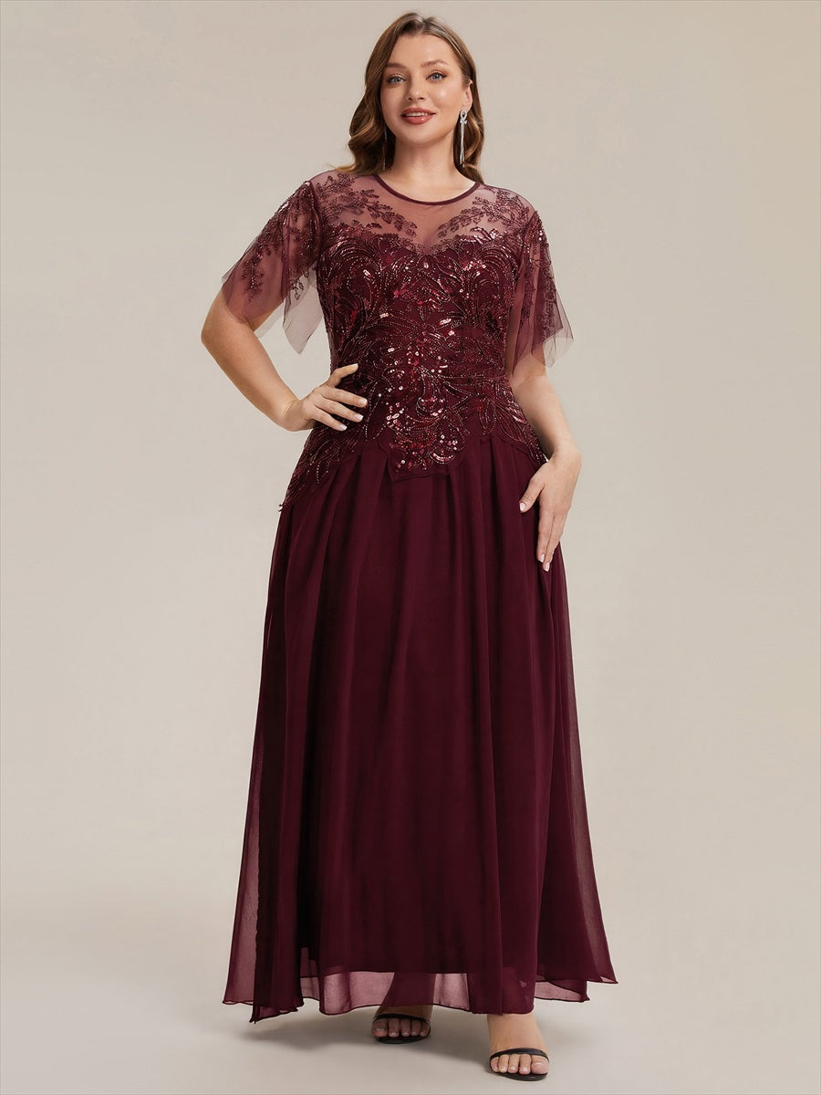 robe longue évasée à manches courtes avec volants sequins et broderies #Couleur_Bordeaux