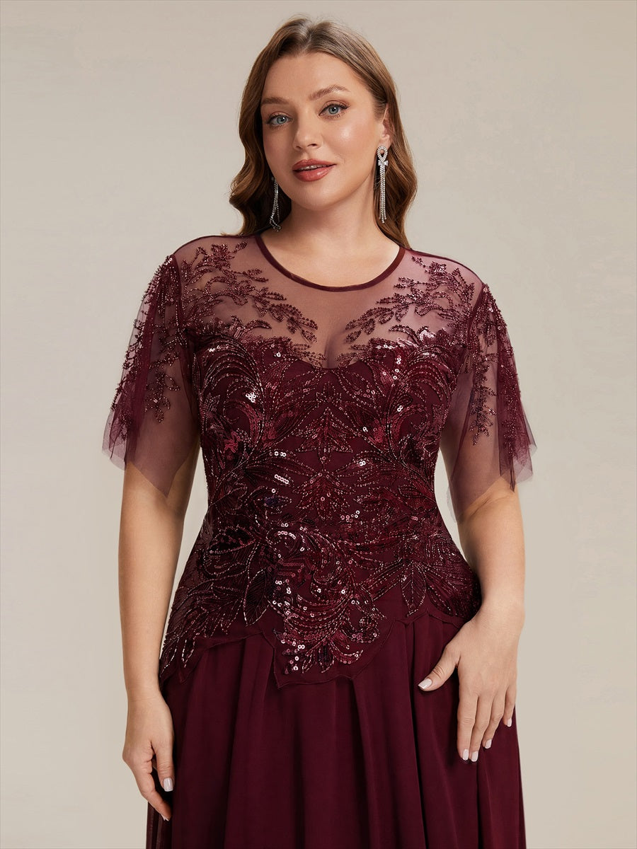 robe longue évasée à manches courtes avec volants sequins et broderies #Couleur_Bordeaux