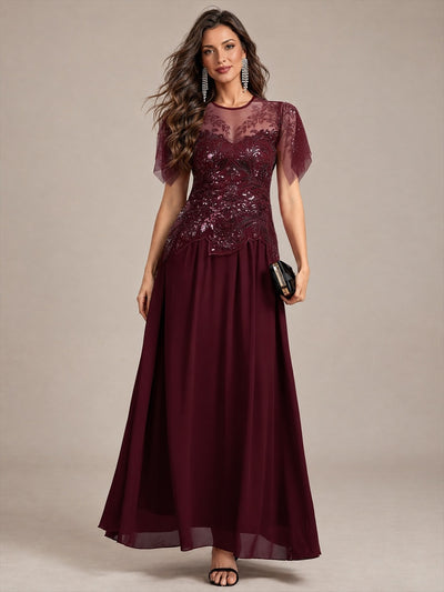 ever LUSTRE|robe longue évasée à manches courtes avec volants sequins et broderies