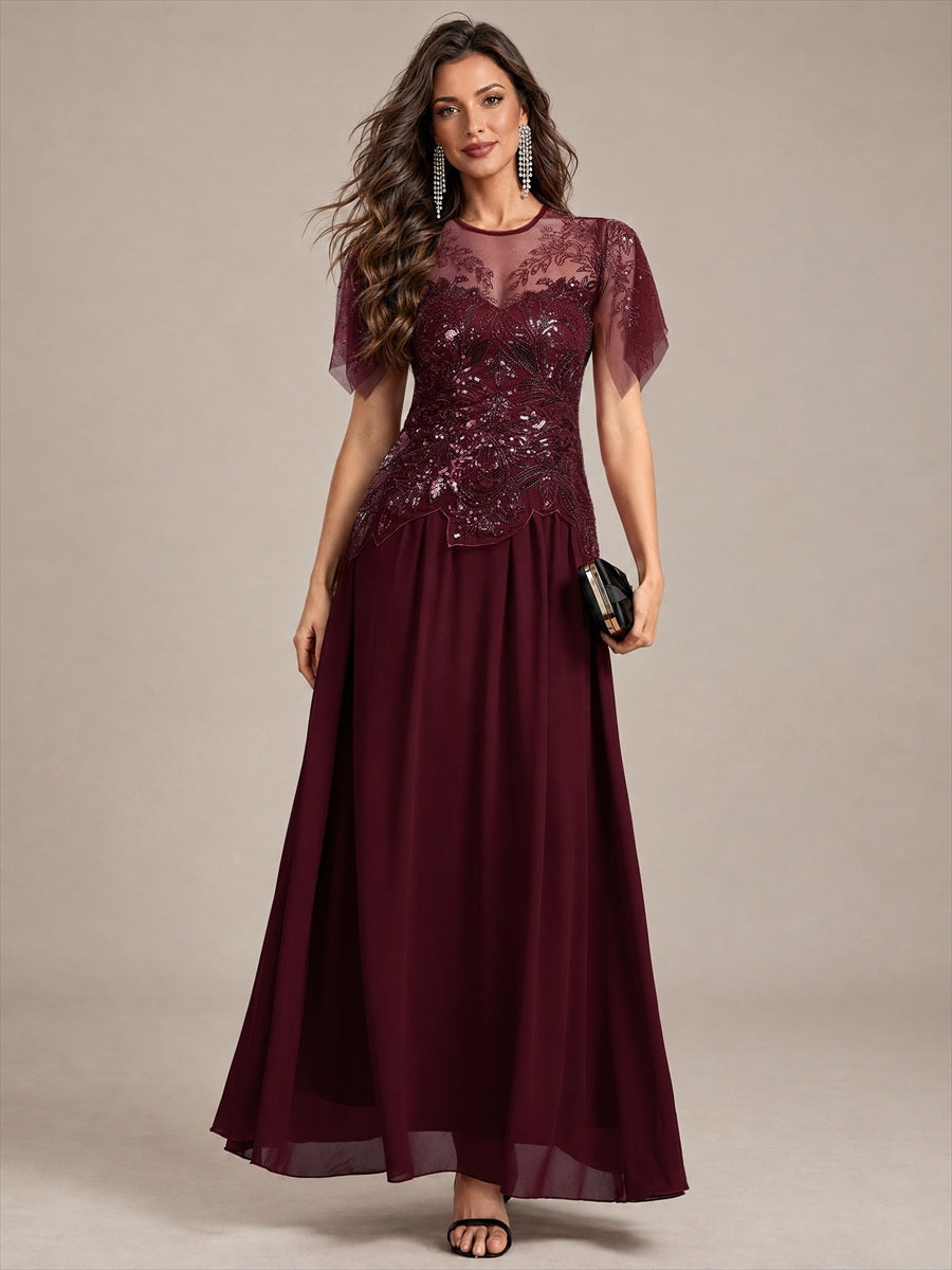 robe longue évasée à manches courtes avec volants sequins et broderies #Couleur_Bordeaux
