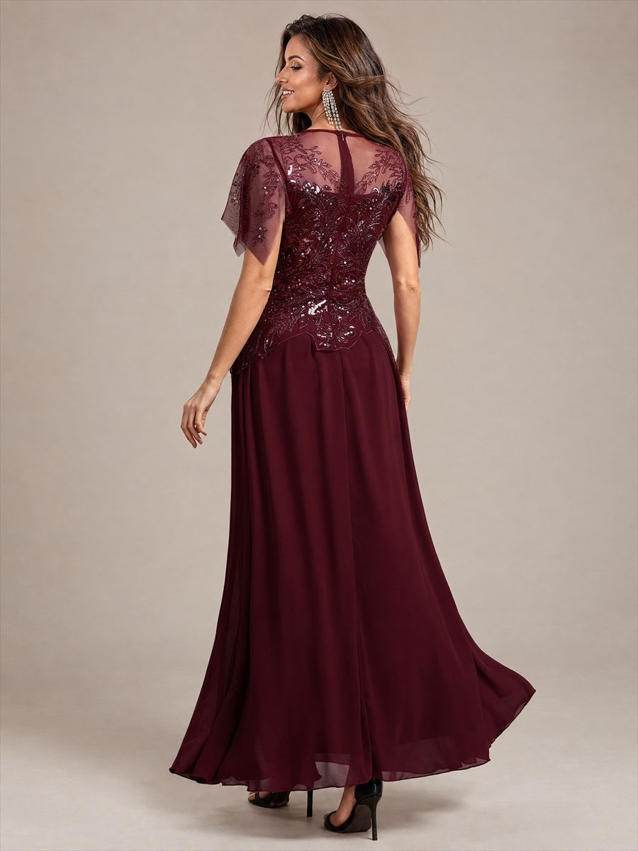 robe longue évasée à manches courtes avec volants sequins et broderies #Couleur_Bordeaux