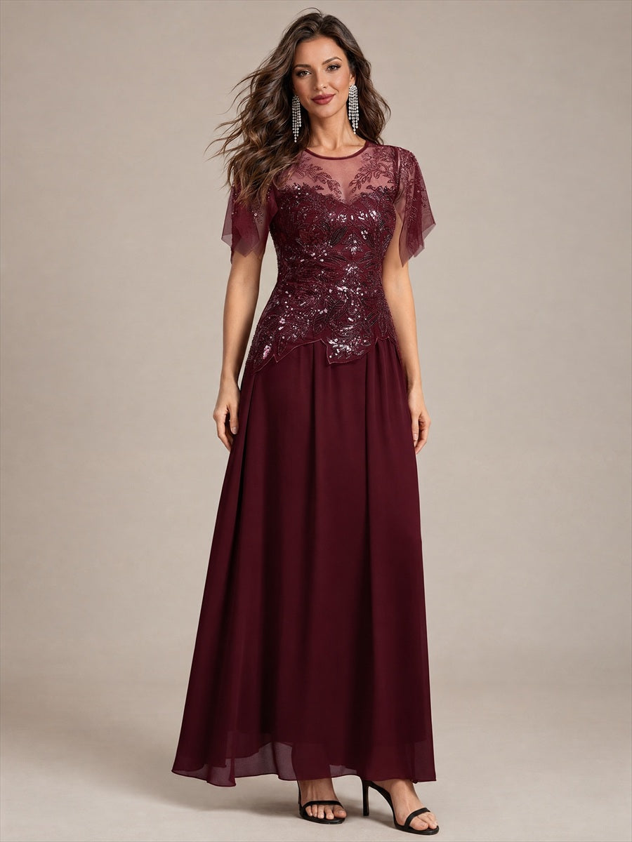 robe longue évasée à manches courtes avec volants sequins et broderies #Couleur_Bordeaux