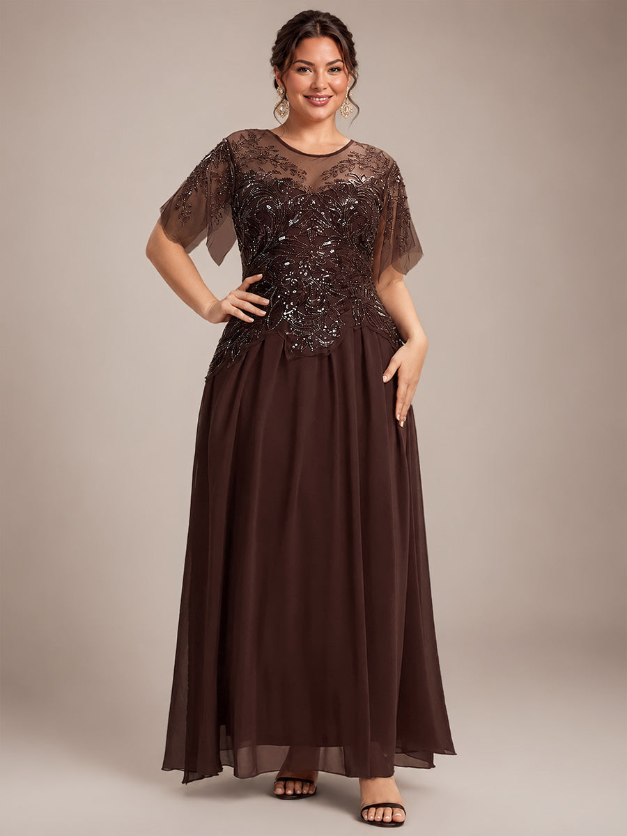 robe longue évasée à manches courtes avec volants sequins et broderies #Couleur_Braun