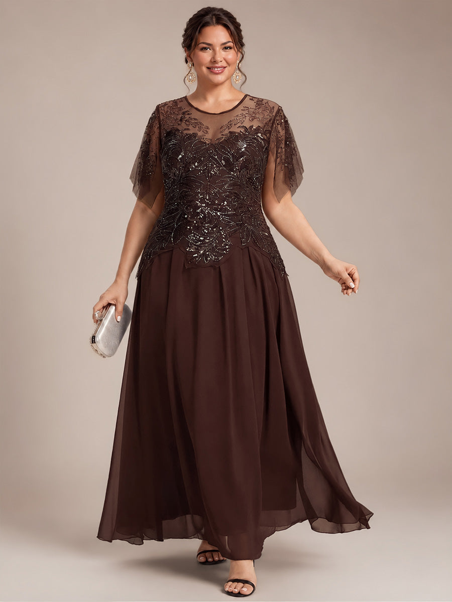robe longue évasée à manches courtes avec volants sequins et broderies #Couleur_Braun