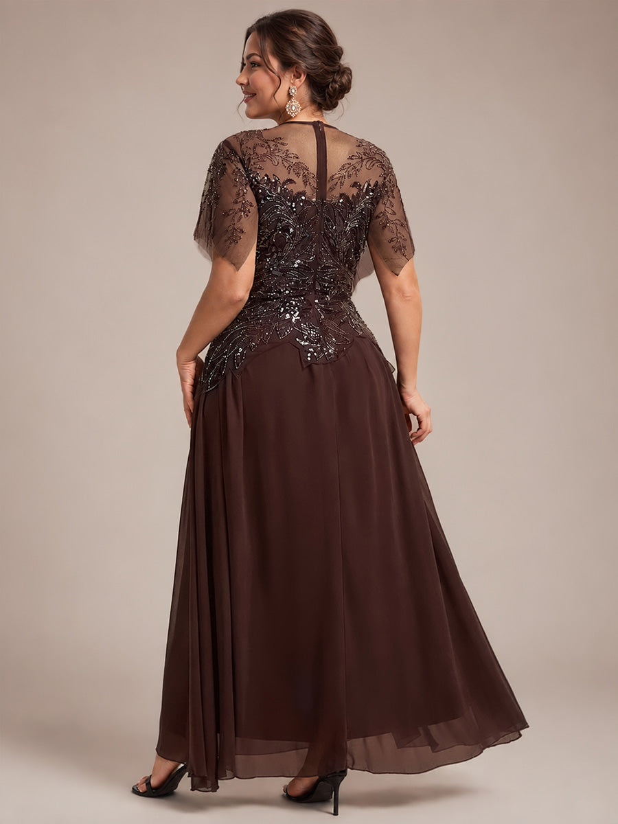 robe longue évasée à manches courtes avec volants sequins et broderies #Couleur_Braun
