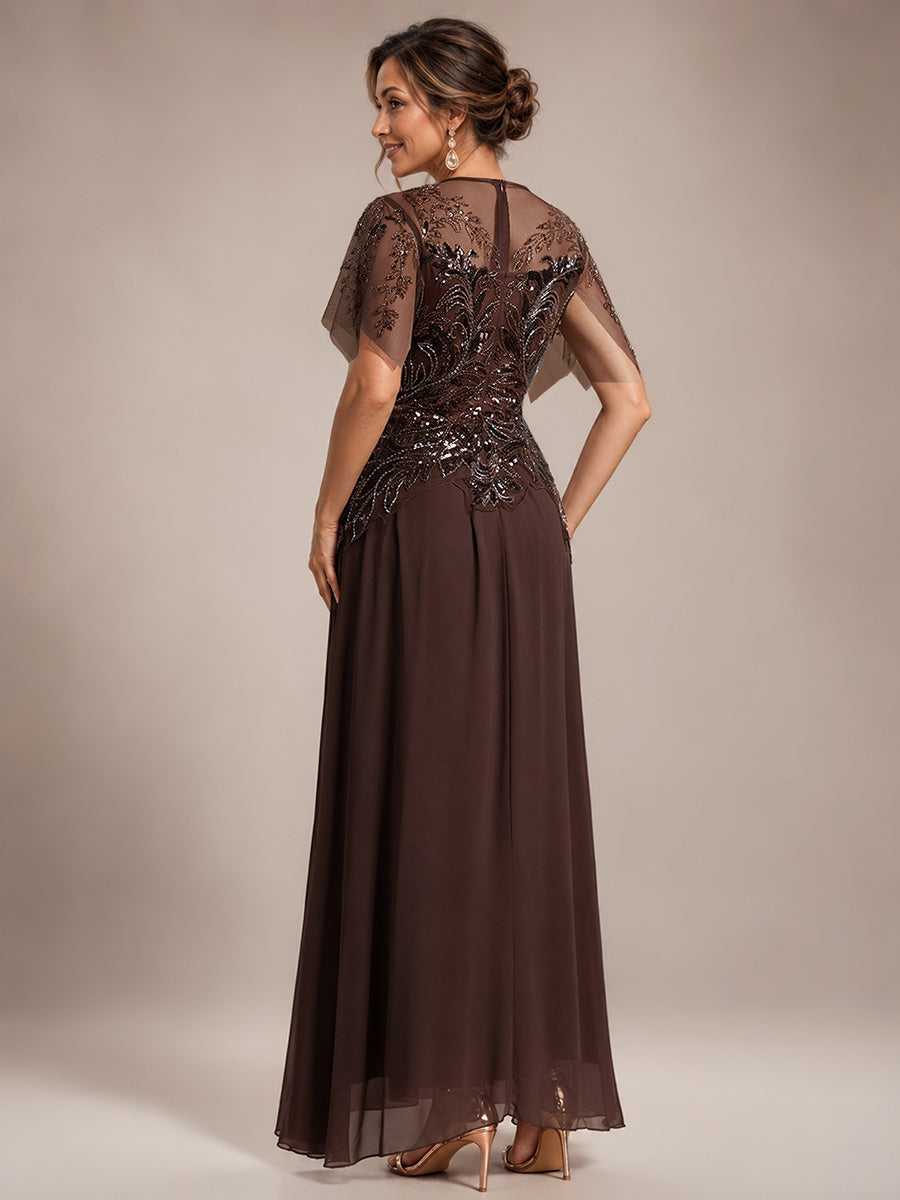 robe longue évasée à manches courtes avec volants sequins et broderies #Couleur_Braun