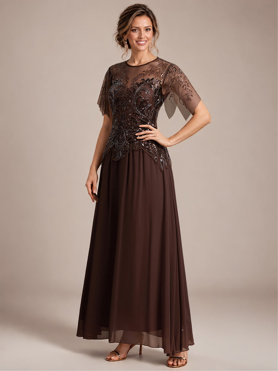 robe longue évasée à manches courtes avec volants sequins et broderies #Couleur_Braun
