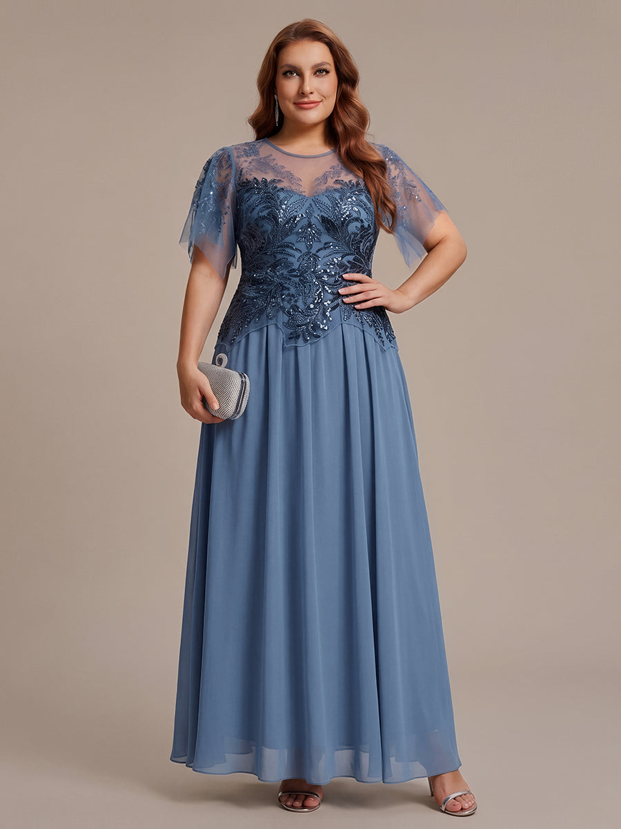 robe longue évasée à manches courtes avec volants sequins et broderies #Couleur_Marine Fume