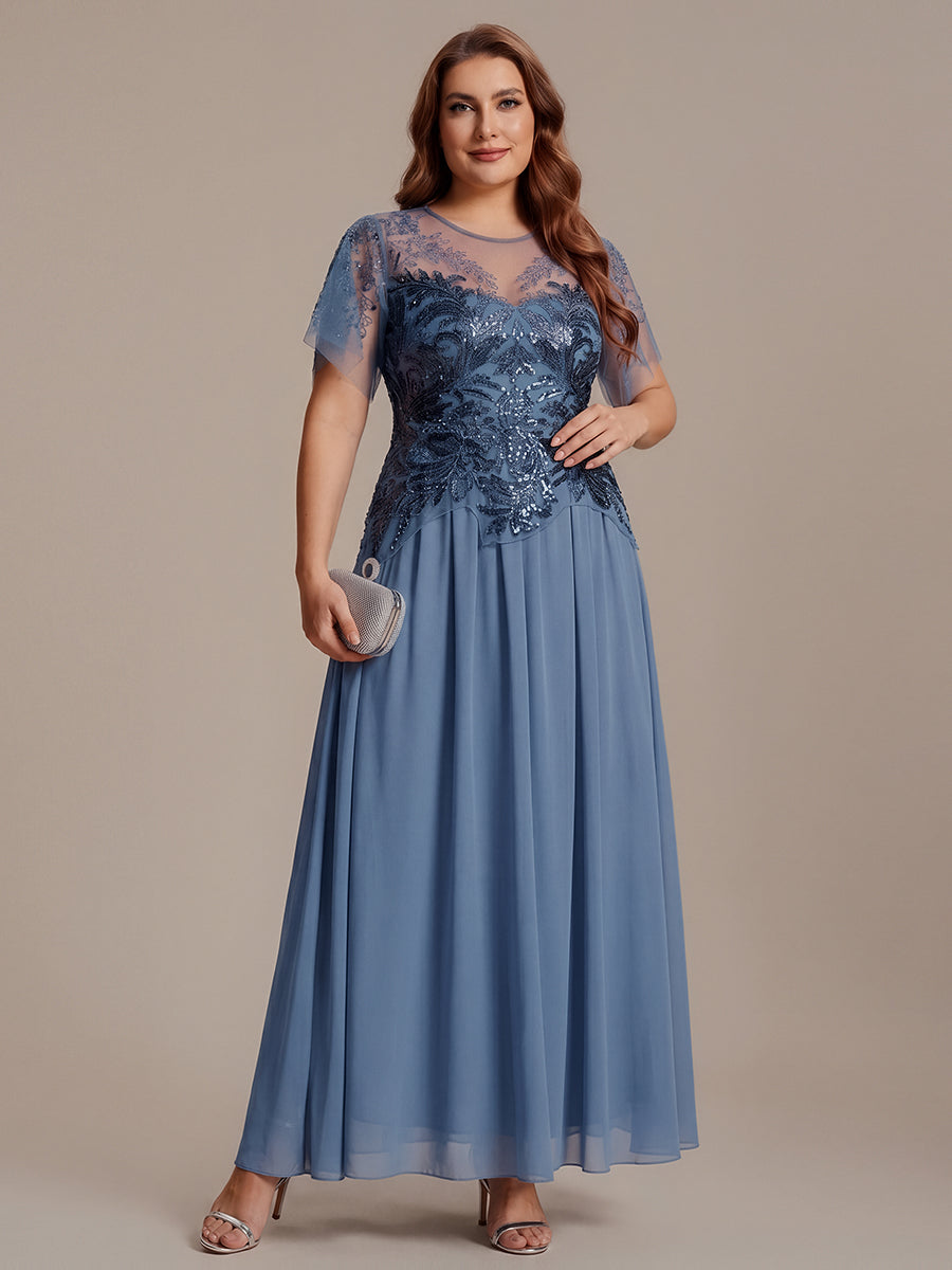 robe longue évasée à manches courtes avec volants sequins et broderies #Couleur_Marine Fume