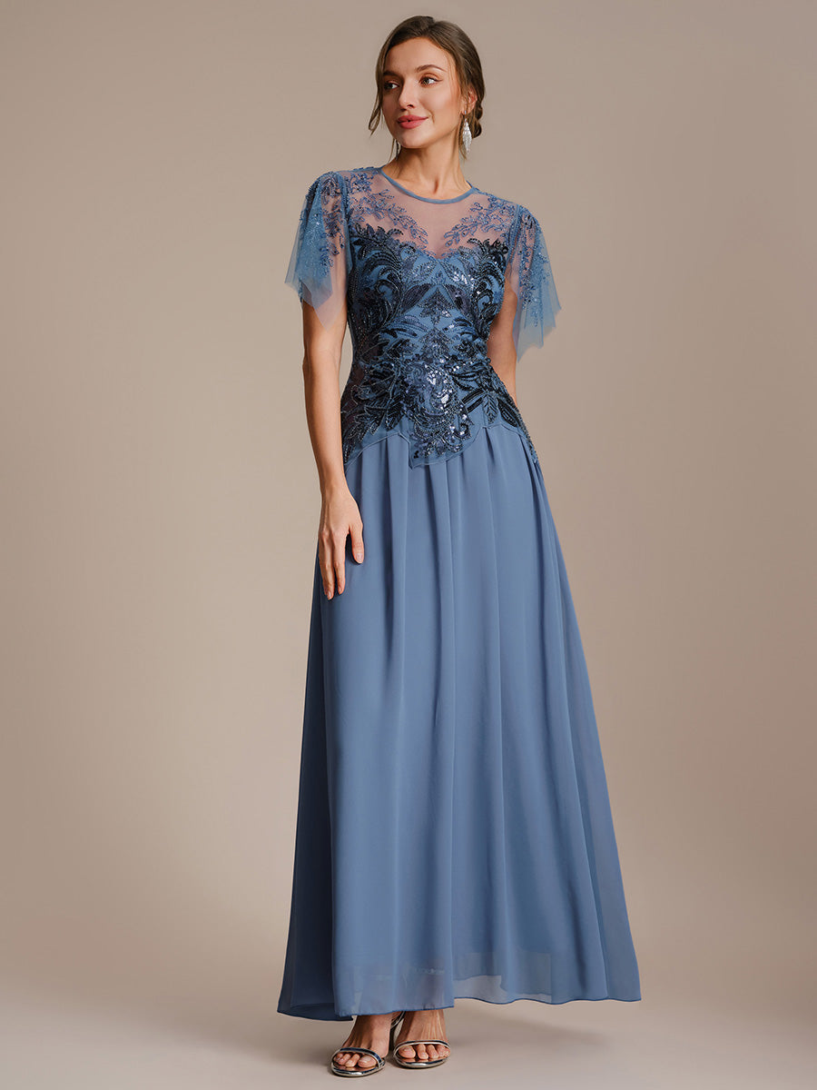 robe longue évasée à manches courtes avec volants sequins et broderies #Couleur_Marine Fume