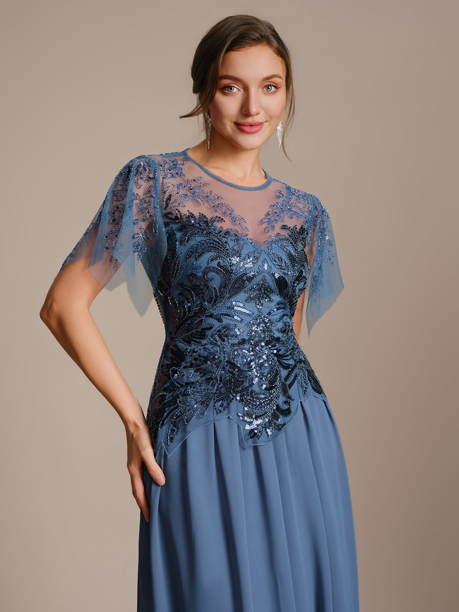 robe longue évasée à manches courtes avec volants sequins et broderies #Couleur_Marine Fume
