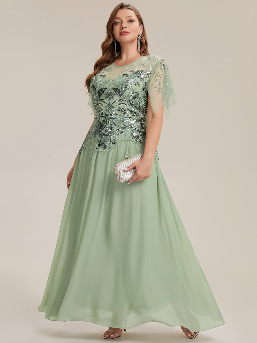robe longue évasée à manches courtes avec volants sequins et broderies #Couleur_Menthe Verte