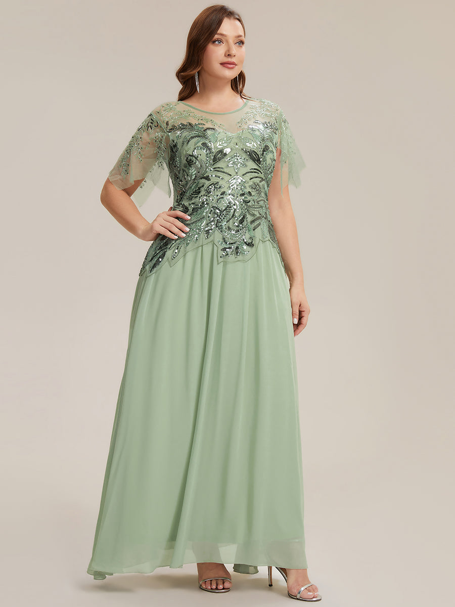 robe longue évasée à manches courtes avec volants sequins et broderies #Couleur_Menthe Verte