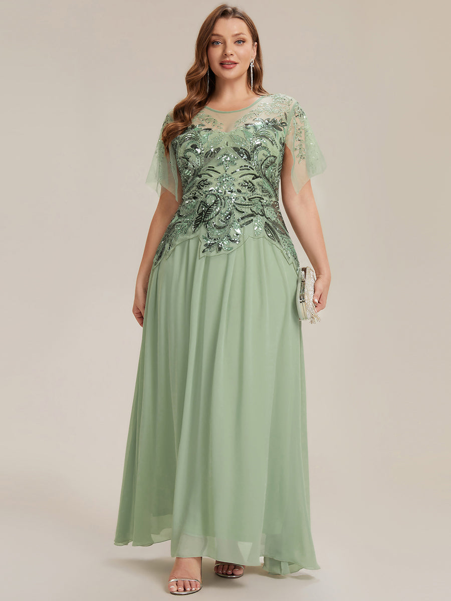 robe longue évasée à manches courtes avec volants sequins et broderies #Couleur_Menthe Verte