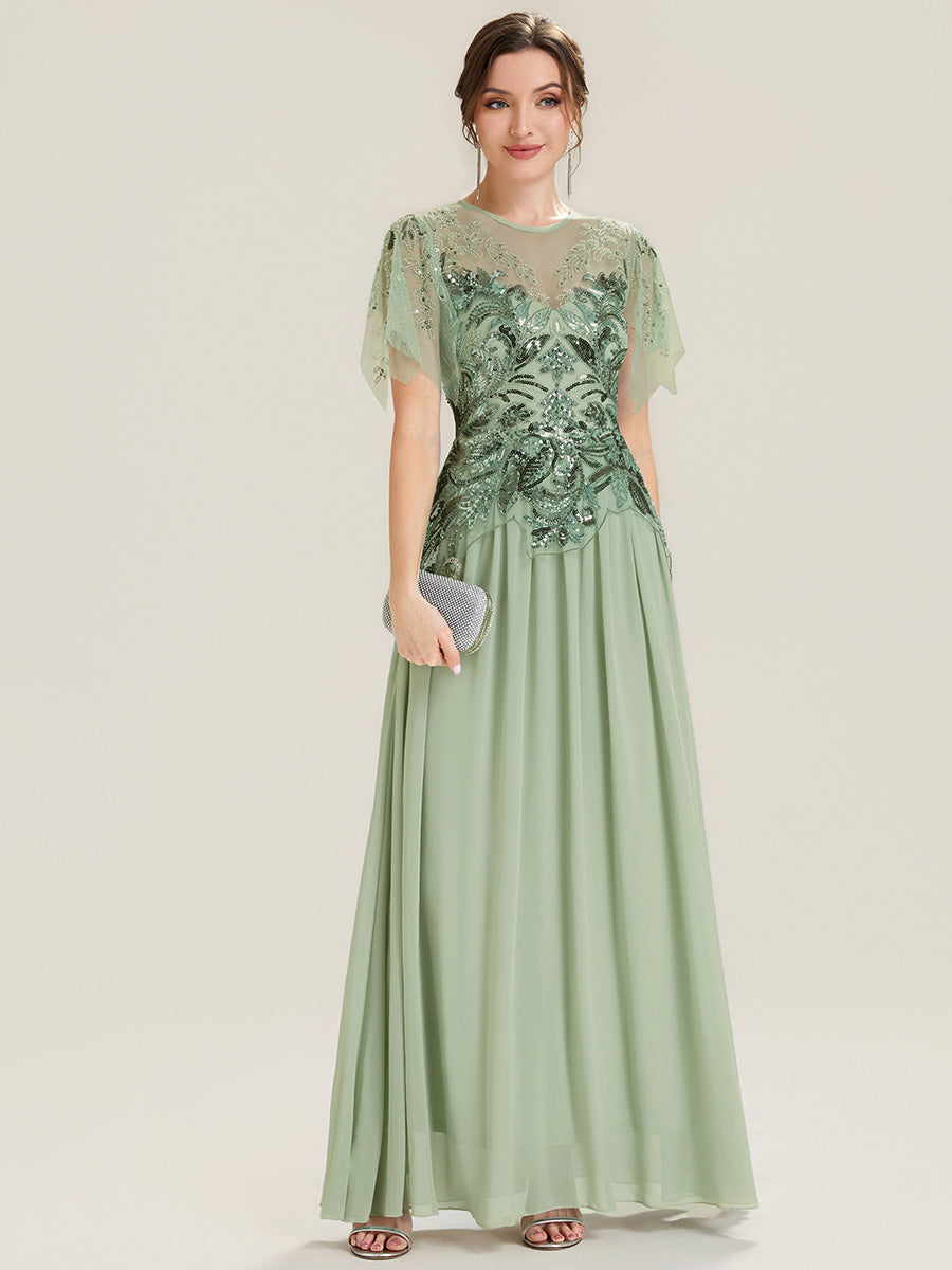 robe longue évasée à manches courtes avec volants sequins et broderies #Couleur_Menthe Verte