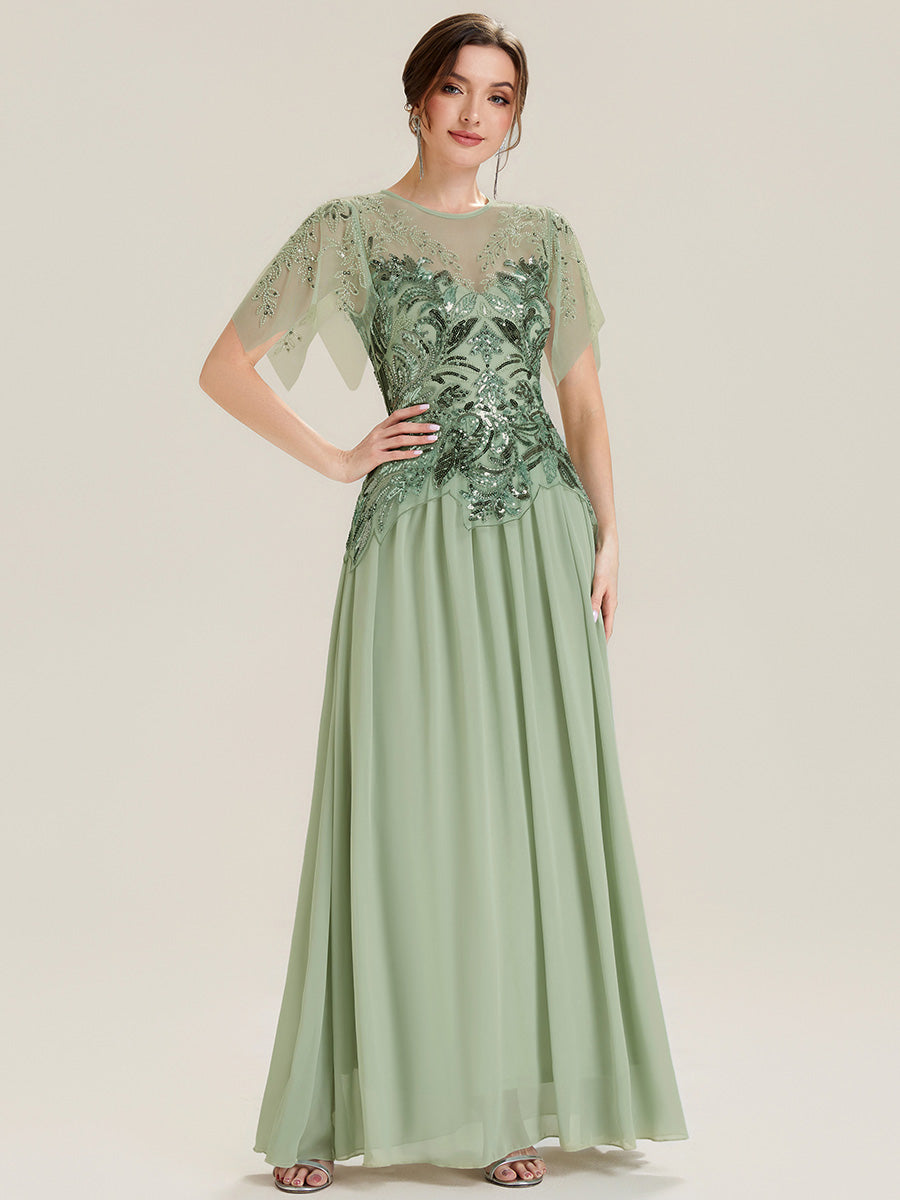 robe longue évasée à manches courtes avec volants sequins et broderies #Couleur_Menthe Verte