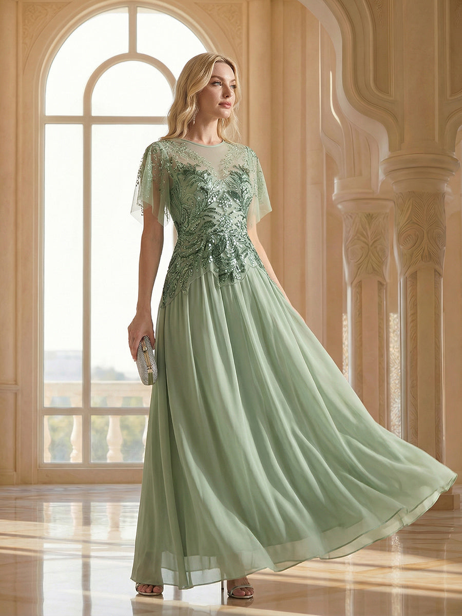 robe longue évasée à manches courtes avec volants sequins et broderies #Couleur_Menthe Verte