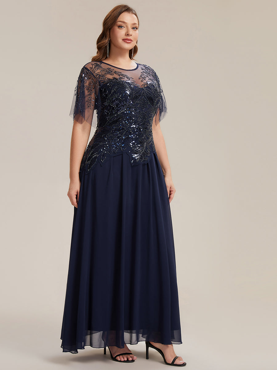 robe longue évasée à manches courtes avec volants sequins et broderies #Couleur_Bleu Marine