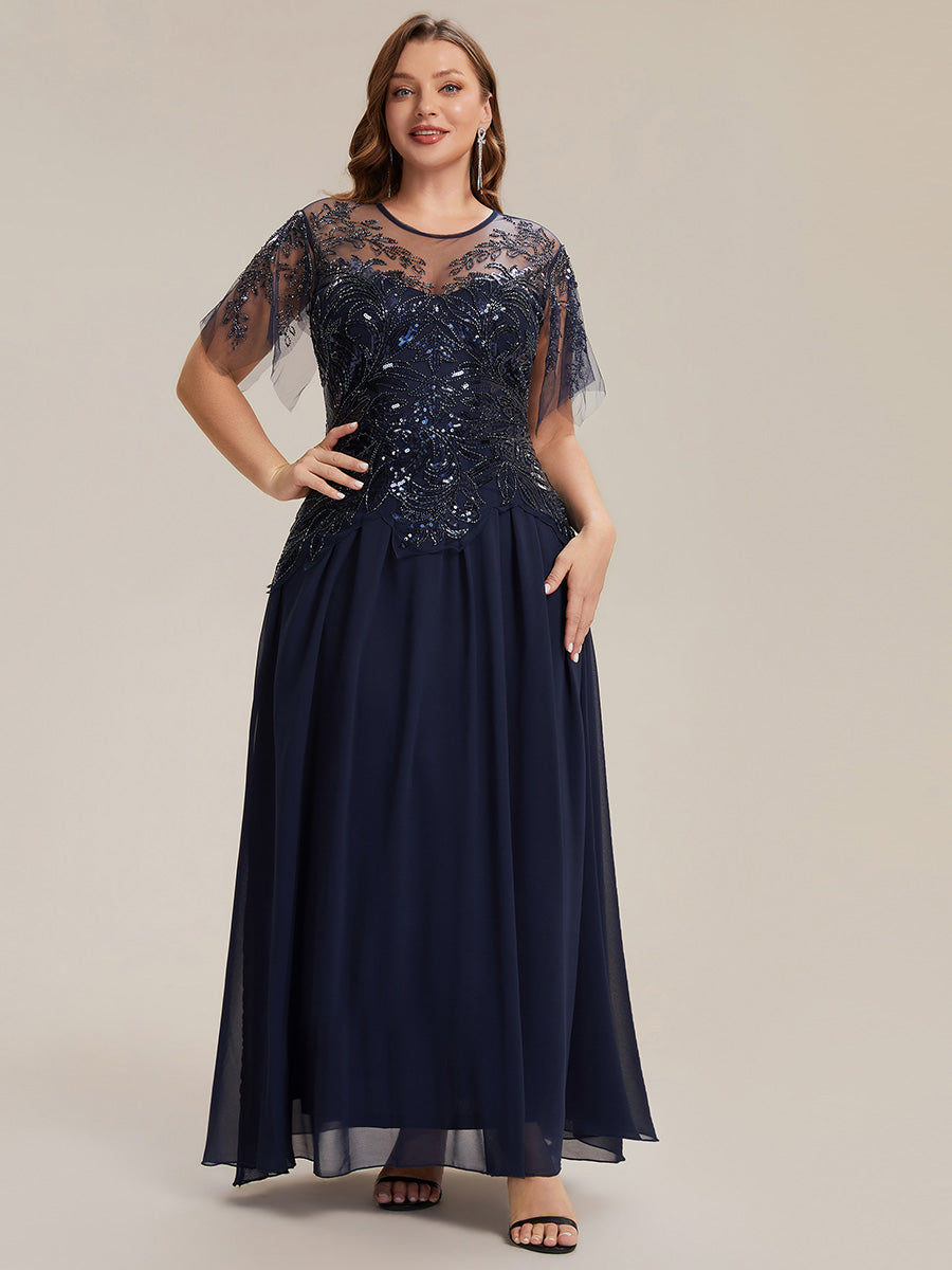 robe longue évasée à manches courtes avec volants sequins et broderies #Couleur_Bleu Marine