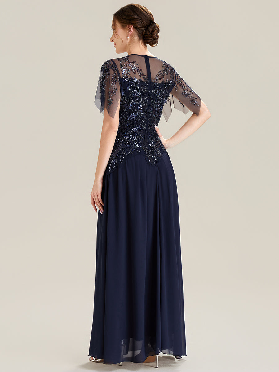 robe longue évasée à manches courtes avec volants sequins et broderies #Couleur_Bleu Marine