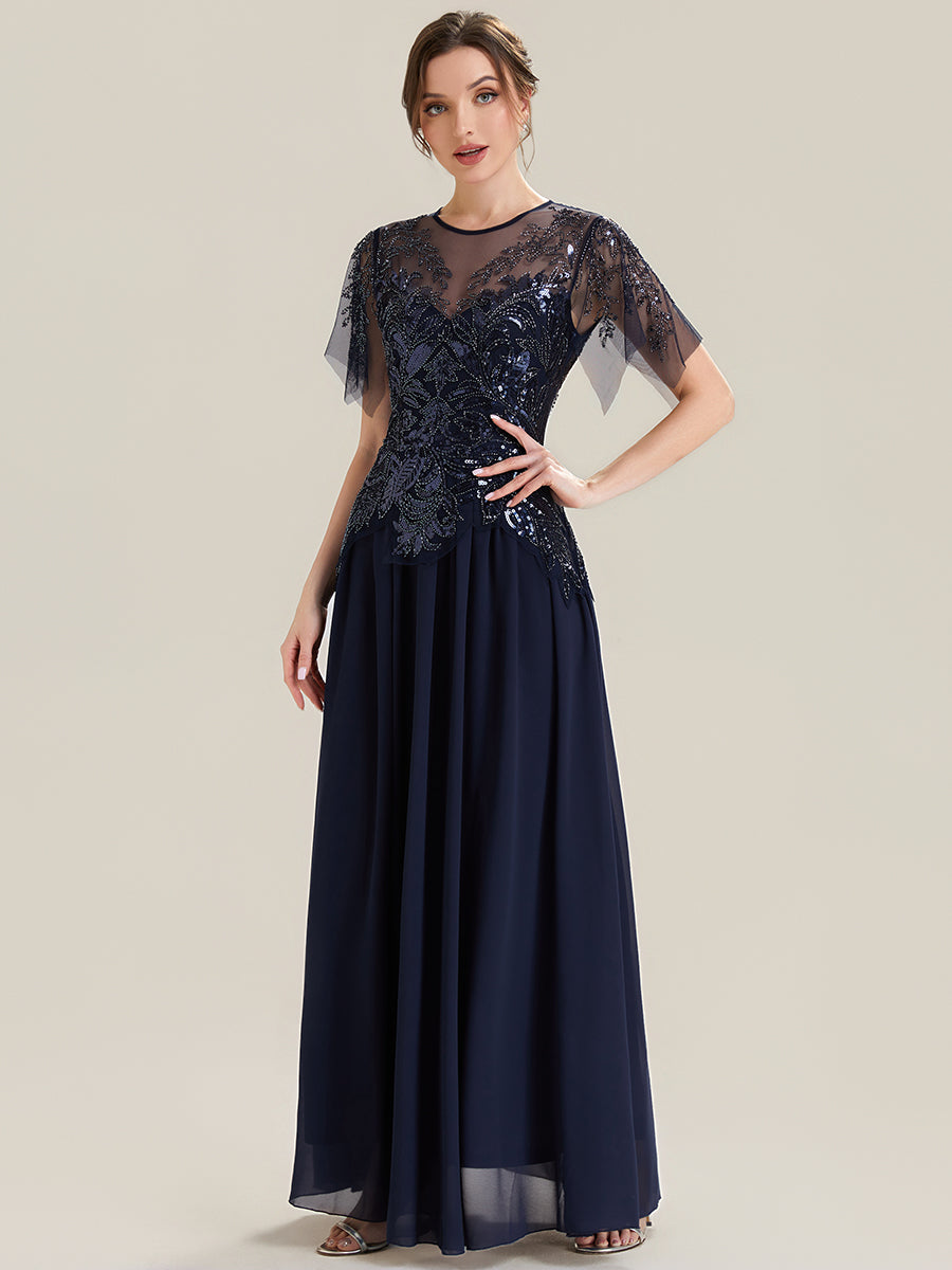 robe longue évasée à manches courtes avec volants sequins et broderies #Couleur_Bleu Marine