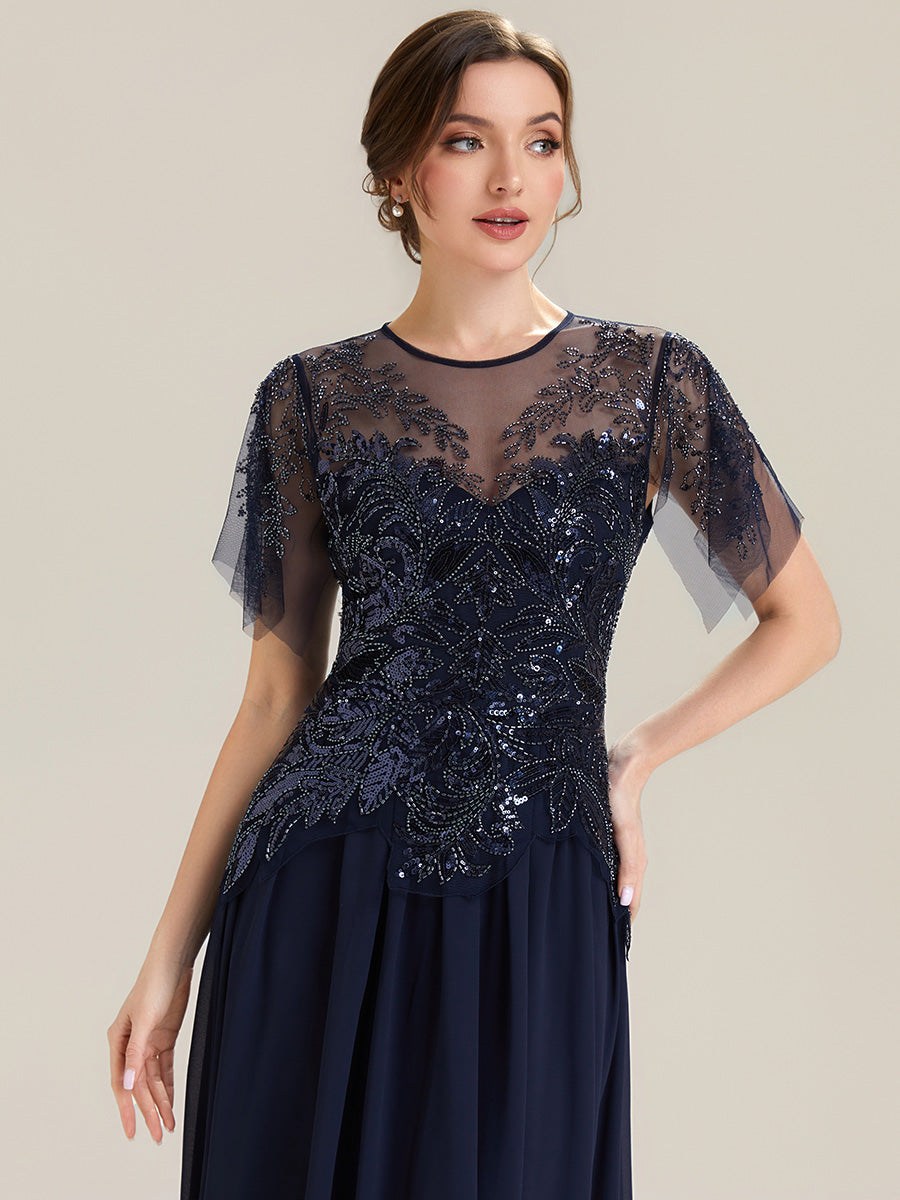 robe longue évasée à manches courtes avec volants sequins et broderies #Couleur_Bleu Marine