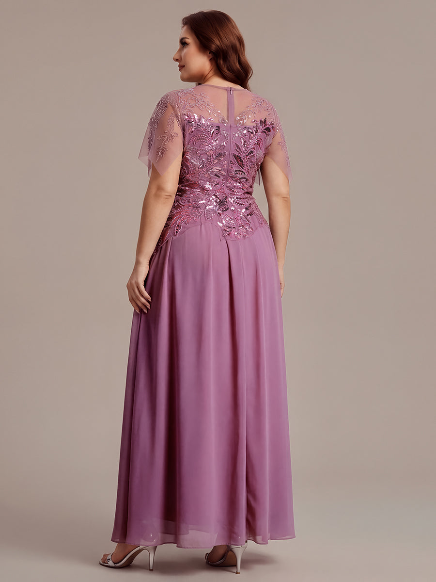 robe longue évasée à manches courtes avec volants sequins et broderies #Couleur_Orchidee