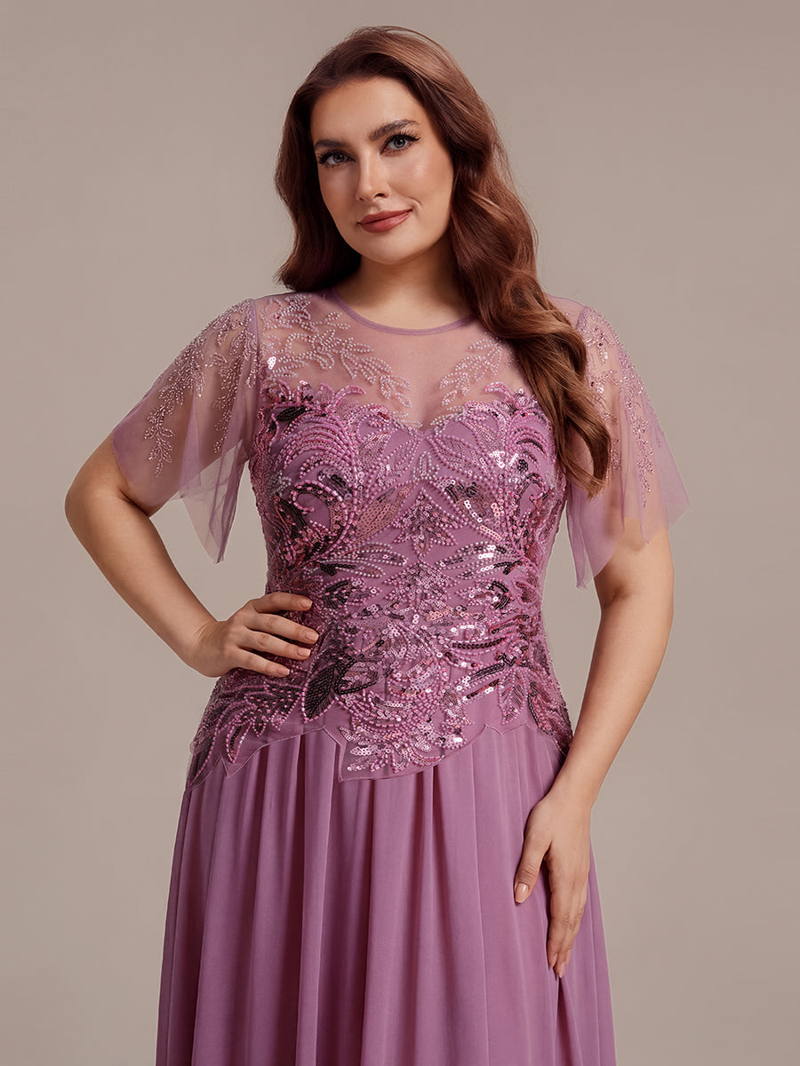 robe longue évasée à manches courtes avec volants sequins et broderies #Couleur_Orchidee