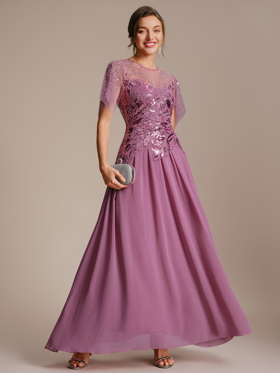 robe longue évasée à manches courtes avec volants sequins et broderies #Couleur_Orchidee