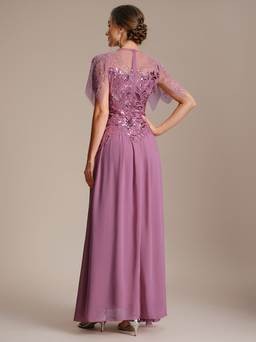 robe longue évasée à manches courtes avec volants sequins et broderies #Couleur_Orchidee
