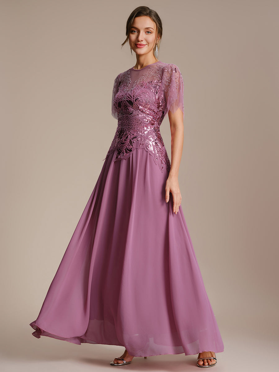 robe longue évasée à manches courtes avec volants sequins et broderies #Couleur_Orchidee