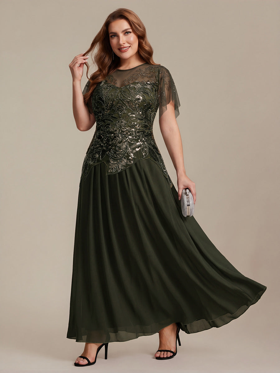 robe longue évasée à manches courtes avec volants sequins et broderies #Couleur_Vert Olive