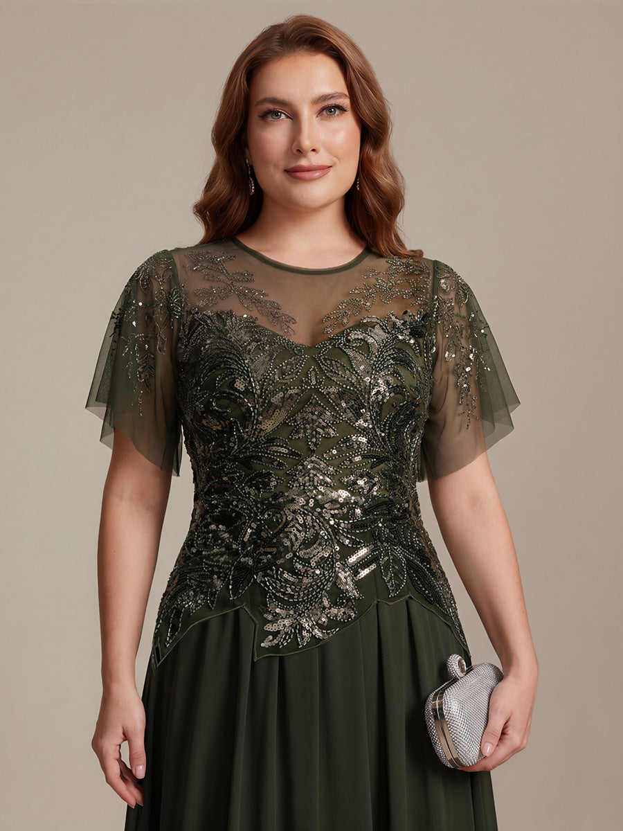 robe longue évasée à manches courtes avec volants sequins et broderies #Couleur_Vert Olive