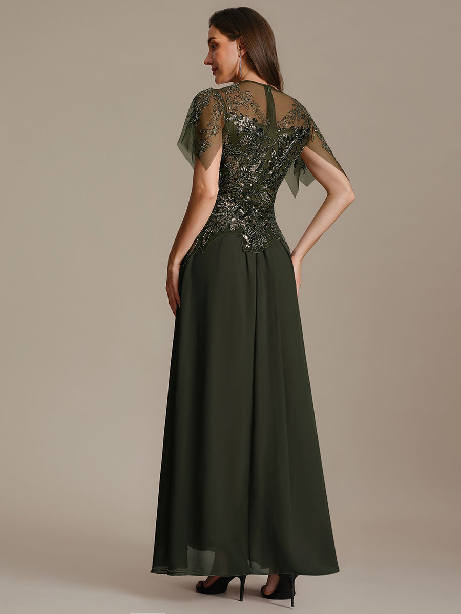 robe longue évasée à manches courtes avec volants sequins et broderies #Couleur_Vert Olive