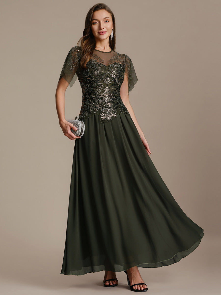 robe longue évasée à manches courtes avec volants sequins et broderies #Couleur_Vert Olive