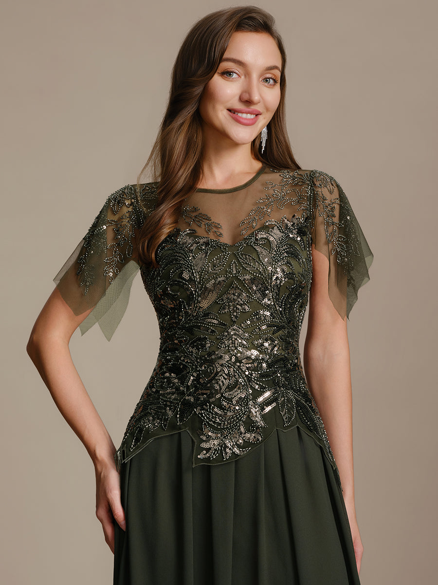 robe longue évasée à manches courtes avec volants sequins et broderies #Couleur_Vert Olive