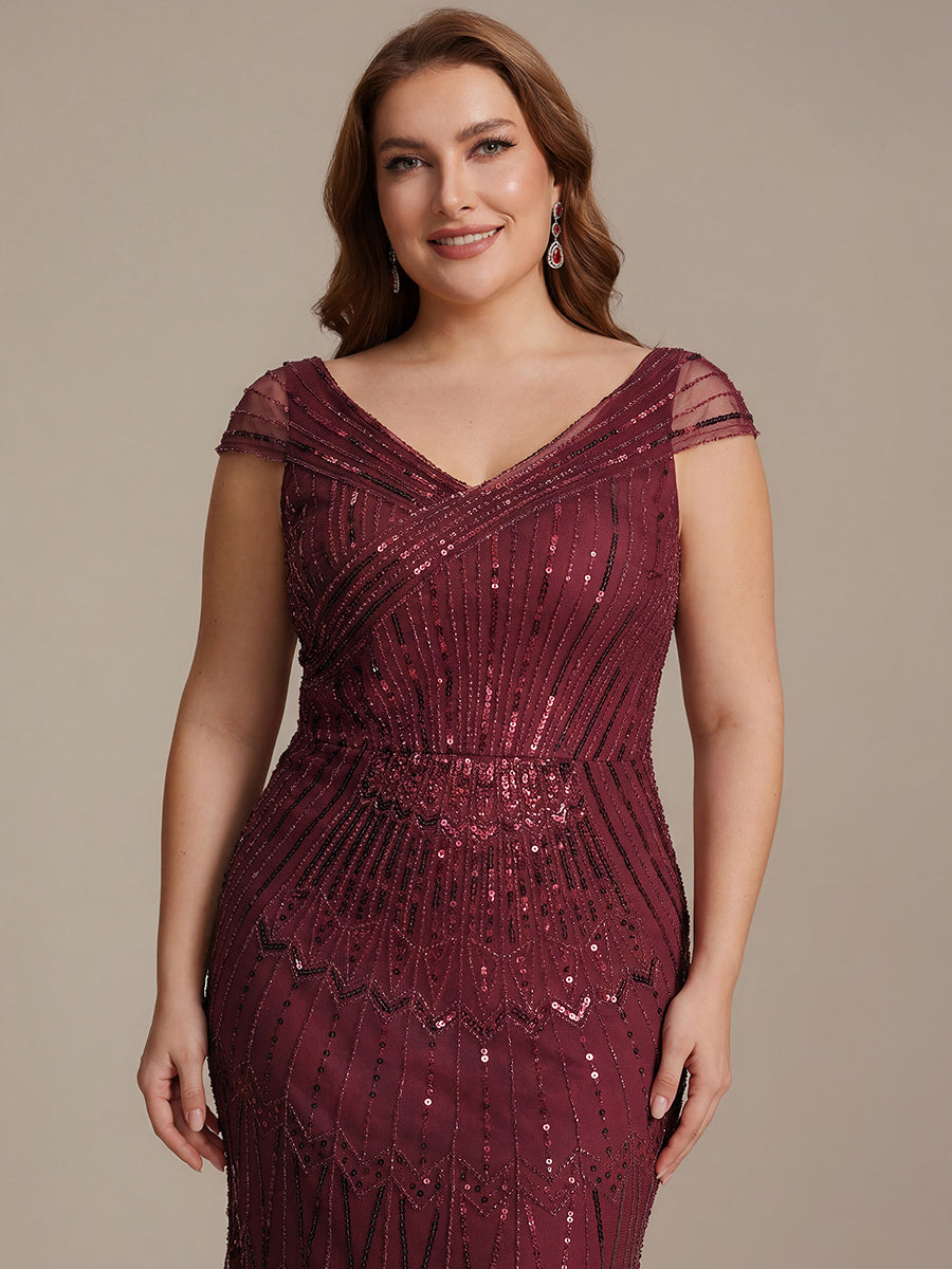 Robe longue sirène élégante à col en V manches courtes et tissu extensible #Couleur_Bordeaux