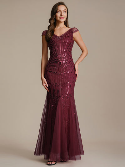 Robe longue sirène élégante à col en V manches courtes et tissu extensible