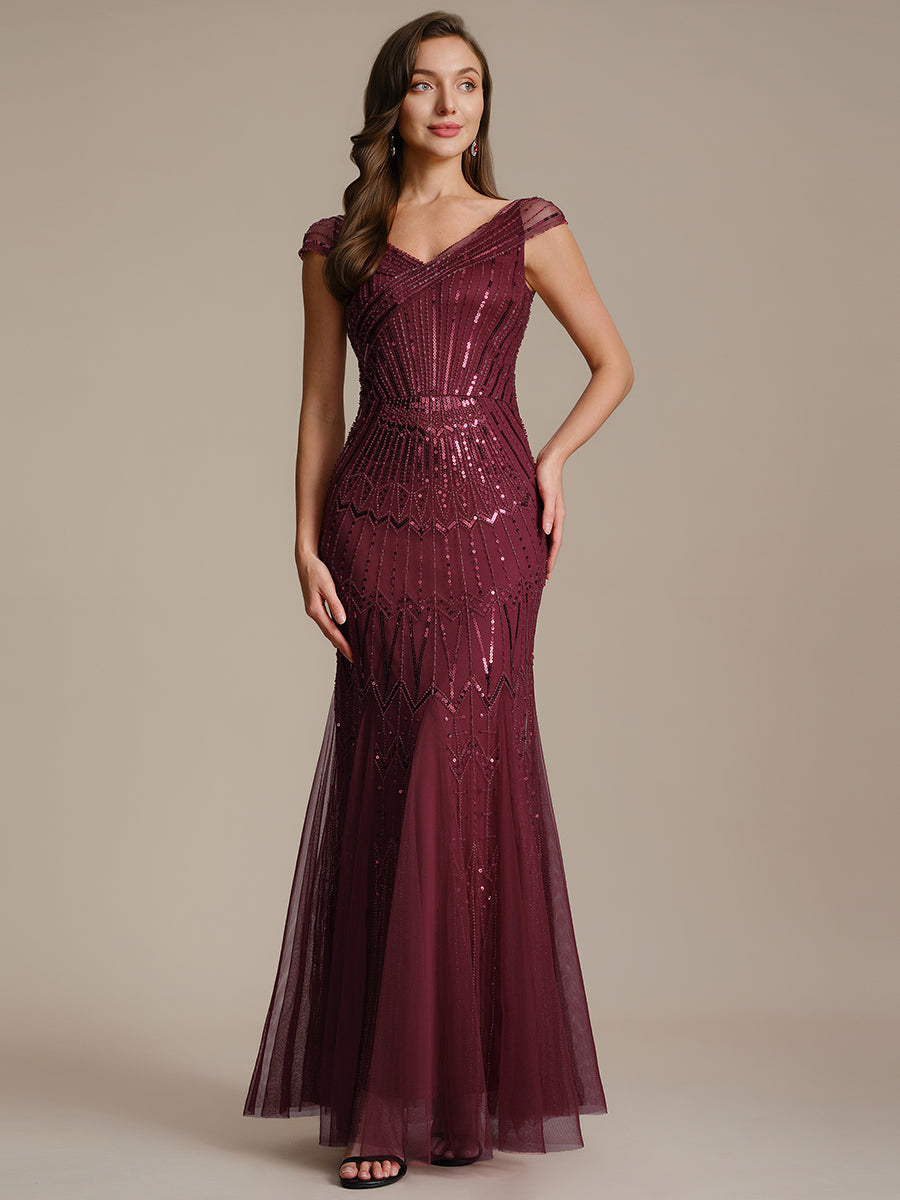 Robe longue sirène élégante à col en V manches courtes et tissu extensible #Couleur_Bordeaux