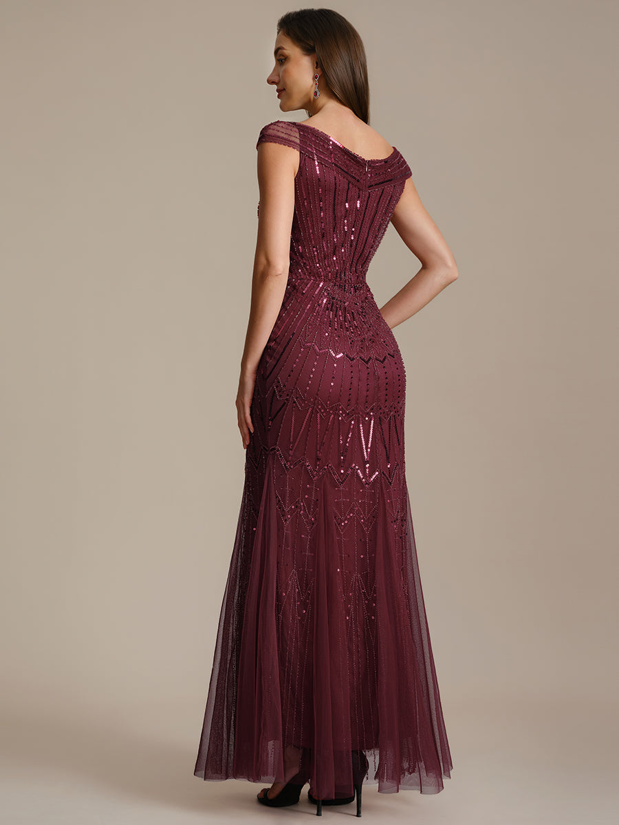 Robe longue sirène élégante à col en V manches courtes et tissu extensible #Couleur_Bordeaux