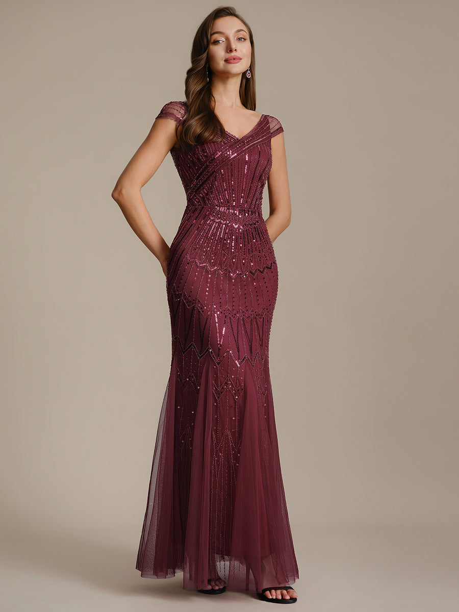 Robe longue sirène élégante à col en V manches courtes et tissu extensible #Couleur_Bordeaux