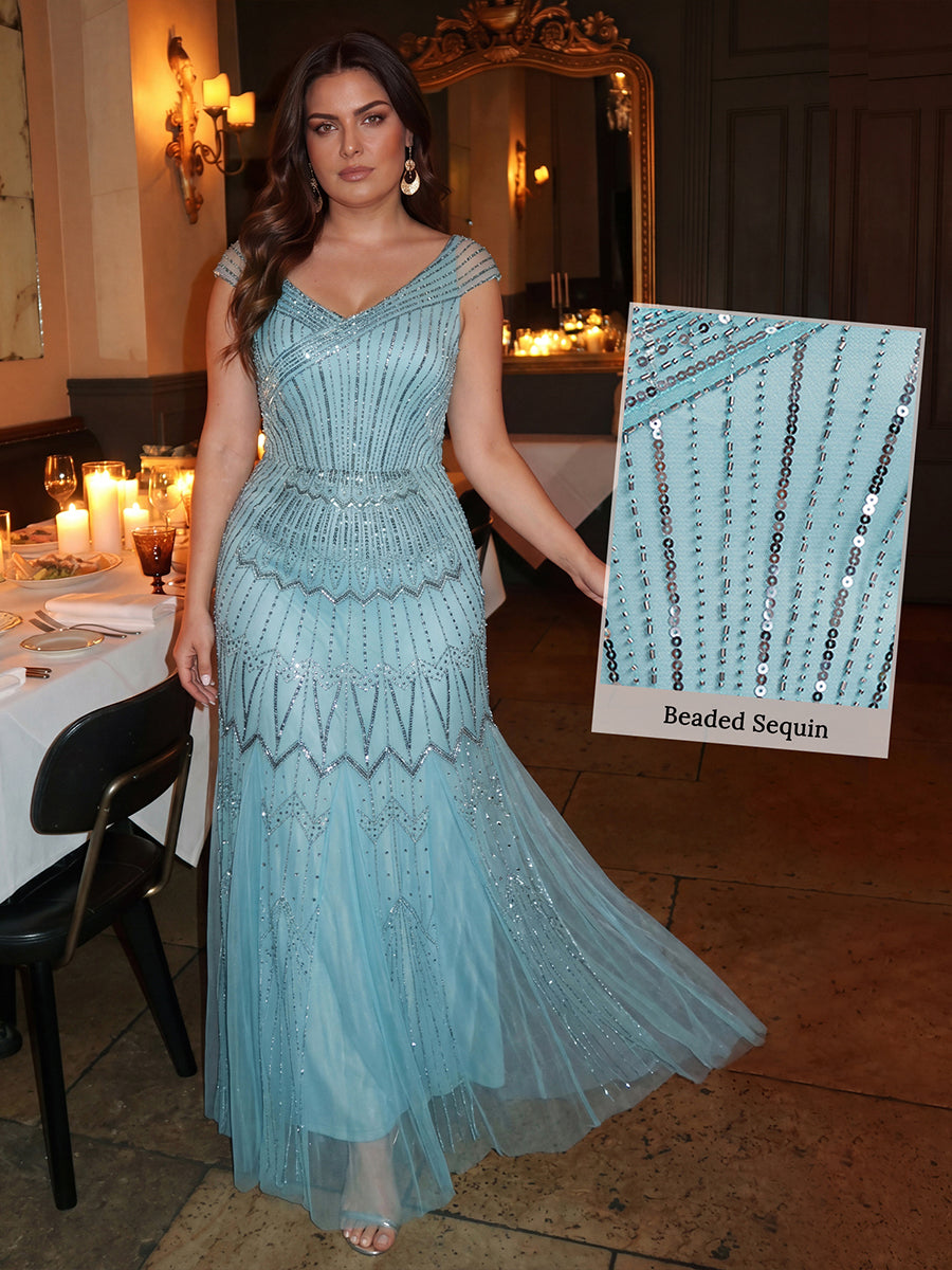 Robe longue sirène élégante à col en V manches courtes et tissu extensible #Couleur_Bleu Ciel
