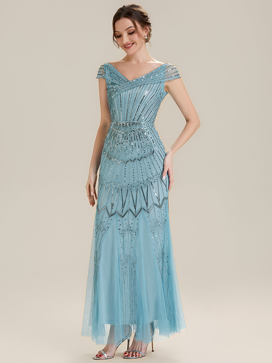 Robe longue sirène élégante à col en V manches courtes et tissu extensible #Couleur_Bleu Ciel