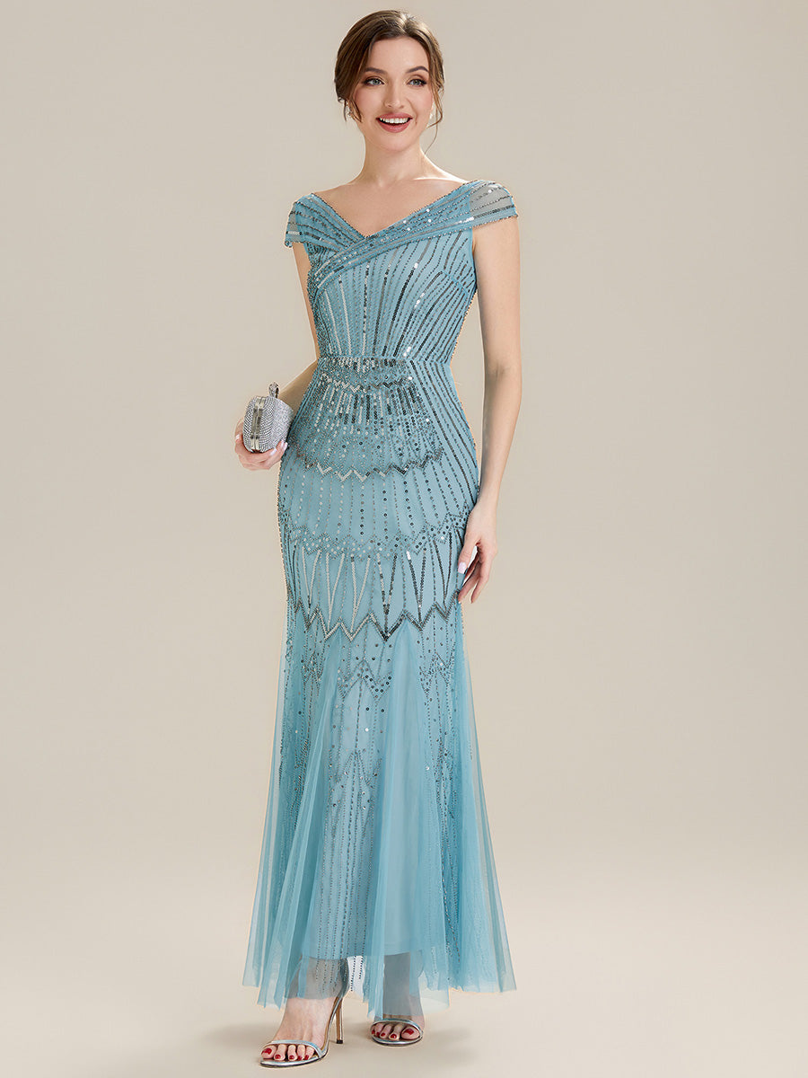 Robe longue sirène élégante à col en V manches courtes et tissu extensible #Couleur_Bleu Ciel