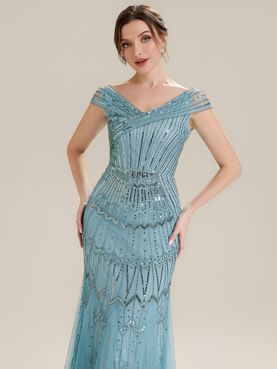 Robe longue sirène brodée à épaules dénudées et manches courtes #Couleur_Bleu Ciel