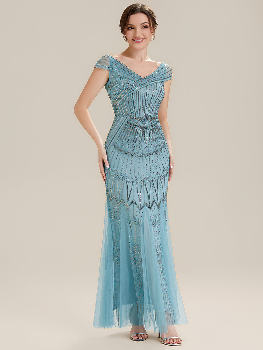 Robe longue sirène élégante à col en V manches courtes et tissu extensible #Couleur_Bleu Ciel