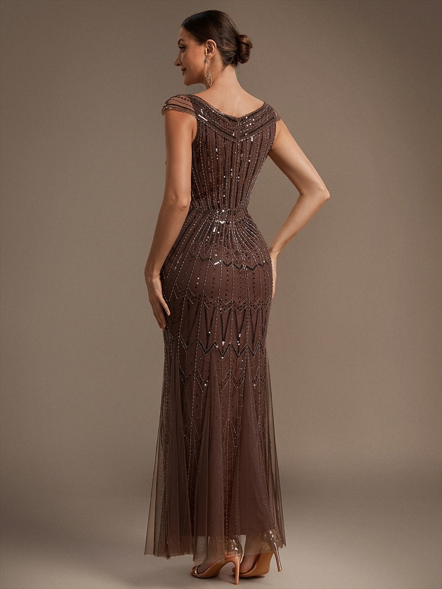 Robe longue sirène élégante à col en V manches courtes et tissu extensible #Couleur_Braun