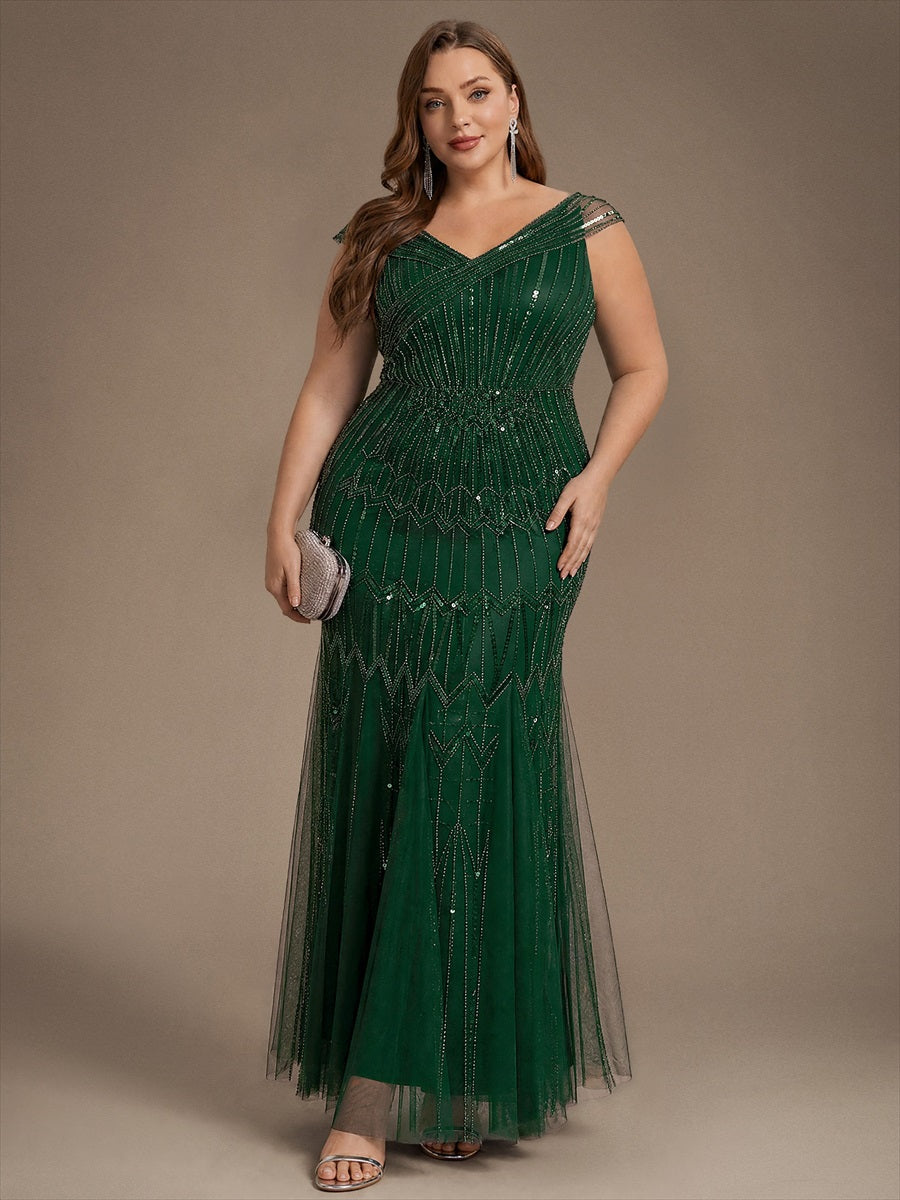 Robe longue sirène élégante à col en V manches courtes et tissu extensible #Couleur_Vert Fonce