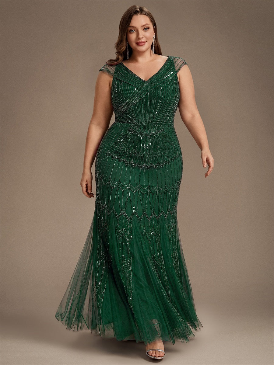 Robe longue sirène élégante à col en V manches courtes et tissu extensible #Couleur_Vert Fonce