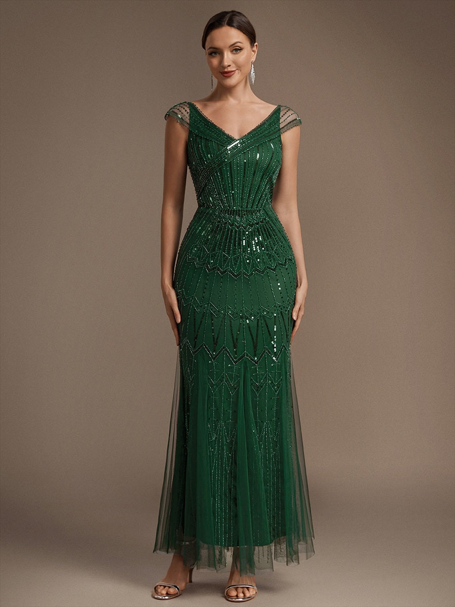 Robe longue sirène élégante à col en V manches courtes et tissu extensible #Couleur_Vert Fonce